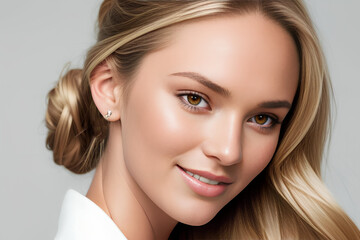 a young blonde European woman with long hair is wearing in a white shirt with long sleeves smiling against a uniform background. portrait, Generative AI