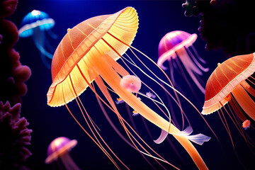 bright poisonous jellyfish swim in blue water, background, closeup, Generative AI