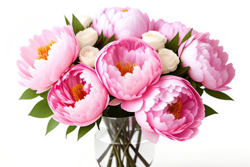 Pink peony flowers bouquet isolated on white background. Closeup. Generative AI
