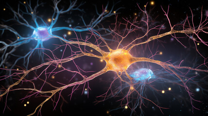 Brain neurons are cells that transmit electrical signals, forming neural networks crucial for cognitive memory functions and learning processes, computer Generative AI stock illustration image