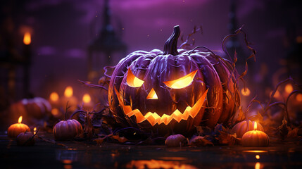 glowing pumpkin on treat or trick fantasy fun party celebration purple background design. fantasy