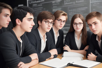 Happy cheerful cute European young college students group sitting in classroom on chalkboard blackboard background. Back to college concept. generative ai