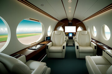 Interior of luxurious vip private jet with light colored leather seats. generative ai