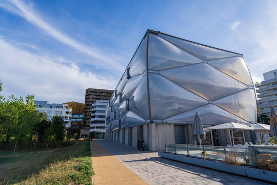 Montpellier, France - 09 18 2023 : Cityscape view of Le Nuage contemporary architecture and design by Philippe Starck in Port Marianne