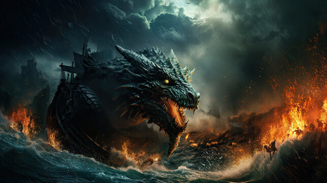 Fantasy illustration of a dragon in the sea.