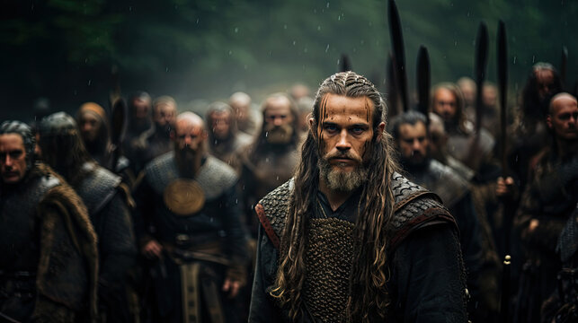 Medieval knight in armor and with long hair in the rain.