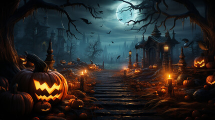 Pumpkins And Skeleton In Graveyard At Night With Wooden Board, Halloween At Night