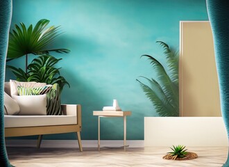 Tropical summer interior room with copy space. AI Generated.