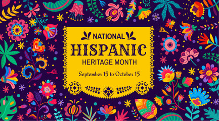 National hispanic heritage month festival poster with papel picado flag banner, vector spanish american culture holiday. Latino folk pattern background with bright color flowers and leaves
