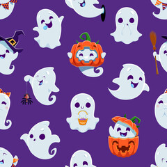 Cartoon cute kawaii Halloween ghost monsters seamless pattern, vector background. Halloween holiday horror night pattern of funny spooky ghosts with boo faces in pumpkin in witch hat with spider toy
