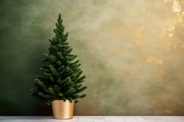 Christmas tree in golden plant pot, green structured wall behind it, waiting for Christmas. No decoration. Evergreen conifer standing in a room, interior.