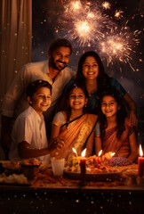 family celebrating diwali festival with lights and lamps decorations in India