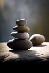 Balancing pebble stones background. Calm mediation and relaxation in Zen garden. Generative Ai.