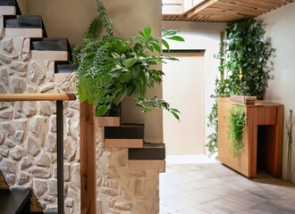 Wooden staircase and stone cladding wall in rustic hallway . Cozy home interior design. AI Generated.