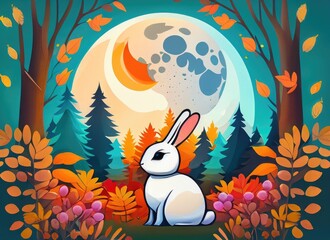 autumn festival greeting background. cute rabbits,moon scenery in the night forest. AI Generated.