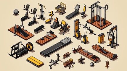 Training apparatus for the gym. Isometric set of fitness equipment symbols. Flat vector illustration.