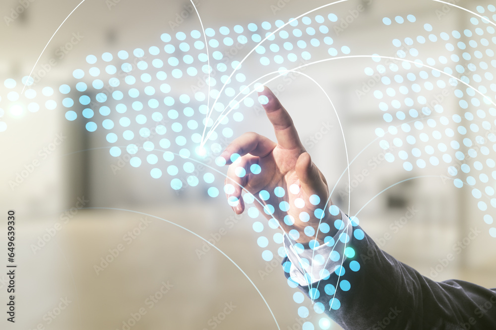 Poster man hand working with abstract virtual world map with connections on blurred office background, inte