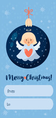 Merry Christmas gift card tag. Christmas ball with cute angel girl. Xmas vertical postcard. Vector illustration. Cute new year kids collection.