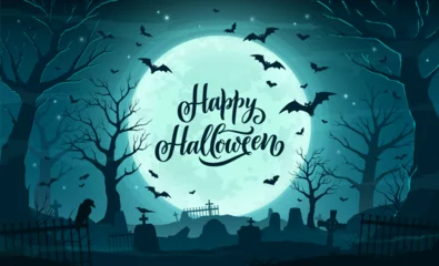 Zelfklevend Fotobehang Halloween cemetery landscape with tombstones and flying bats for holiday, cartoon vector. Happy Halloween with midnight moon and flying bats with ravens and cemetery tombstones in haunted forest © Vector Tradition