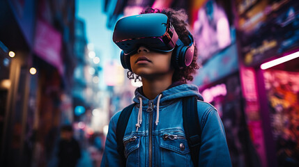 Young boy wearing a vr headset and a back pack in a street of futuristic city - obrazy, fototapety, plakaty
