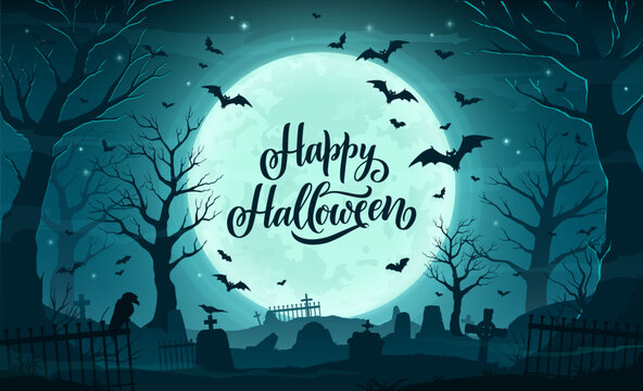 Halloween cemetery landscape with tombstones and flying bats for holiday, cartoon vector. Happy Halloween with midnight moon and flying bats with ravens and cemetery tombstones in haunted forest