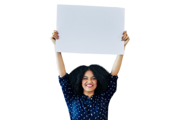 Woman, poster mockup and happy announcement, marketing and winner news, presentation or information. Portrait of african person with board, sale or discount isolated on a transparent, png background