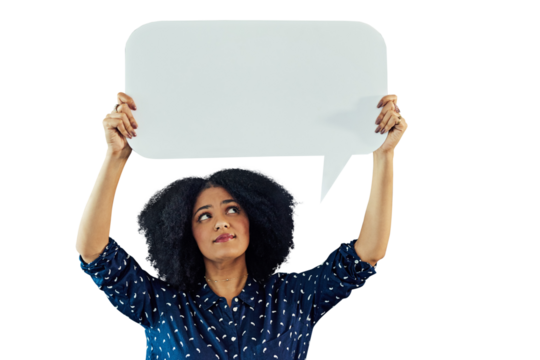 Woman thinking, speech bubble and poster mockup for communication, language or translation FAQ. Young, african person voice, chat space and idea or information isolated on transparent png background