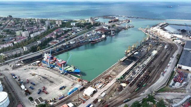 Aerial view of Georgian port city of Poti located at entrance of Rioni river into Black Sea on sunny autumn day, Samegrelo-Zemo Svaneti region.