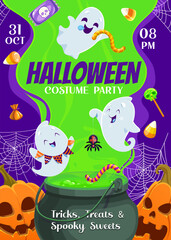 Halloween party flyer with kawaii ghosts and witch cauldron with holiday monsters and pumpkins, vector poster. Halloween costume party for kids celebration with spooky sweet candy and skull lollipop - obrazy, fototapety, plakaty