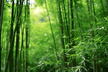 Bamboo forest with green leaves, closeup view. Nature background