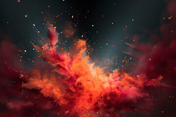 Abstract red powder explosion. Closeup of red dust particle splash on white background.