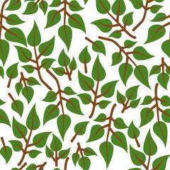 Seamless pattern with dark green leaves and branches on a white background, nature wallpaper, print, textile, wrapping.