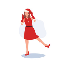 Smiling Young Woman in Santa Claus Costume. Beautiful Girl in Santa Claus Outfit.  Festive Holiday Illustration.