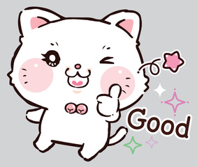 Obraz na płótnie Canvas Cute Cat Shows Good Hand Sign, Kawaii cartoon style.