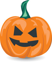 Vector Illustration of Scary Halloween Pumpkin with Orange and Green Color with Carved Eyes, Nose, and Mouth, Surrounded by Bats, Spiders, and Cobwebs