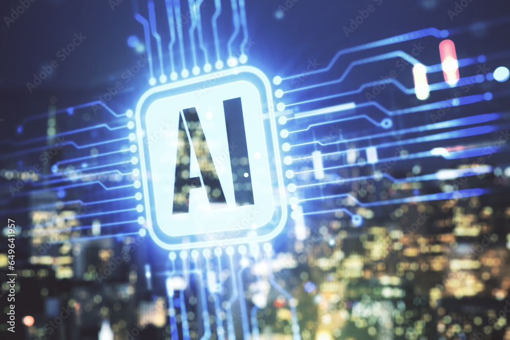 Aufkleber double exposure of creative artificial intelligence icon on blurry cityscape background. neural netw