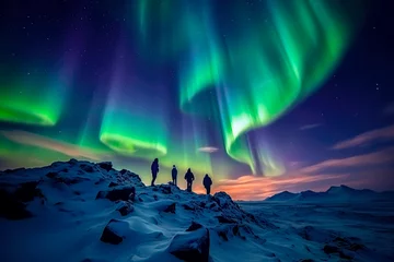 Fotobehang Noorderlicht Northern Lights Expedition: Hiking Under the Aurora in Lapland's Snowy Wonderland. Chasing the Arctic Glow. Stunning Aurora Borealis