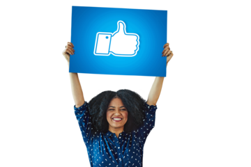 Happy woman, portrait and billboard with like emoji, yes sign or OK isolated on a transparent PNG background. Female person with poster, emoticon or subscribe for social media, comment or feedback