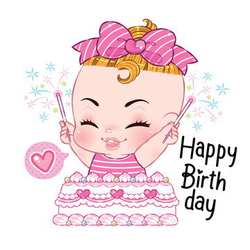 Cute sexy little girl cartoon in pink fashion swimsuit Vector. Happy Birthday.
