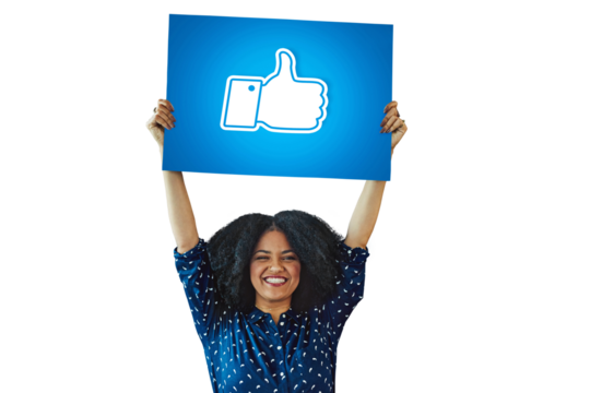 Happy woman, portrait and billboard with like emoji, yes sign or OK isolated on a transparent PNG background. Female person with poster, emoticon or subscribe for social media, comment or feedback