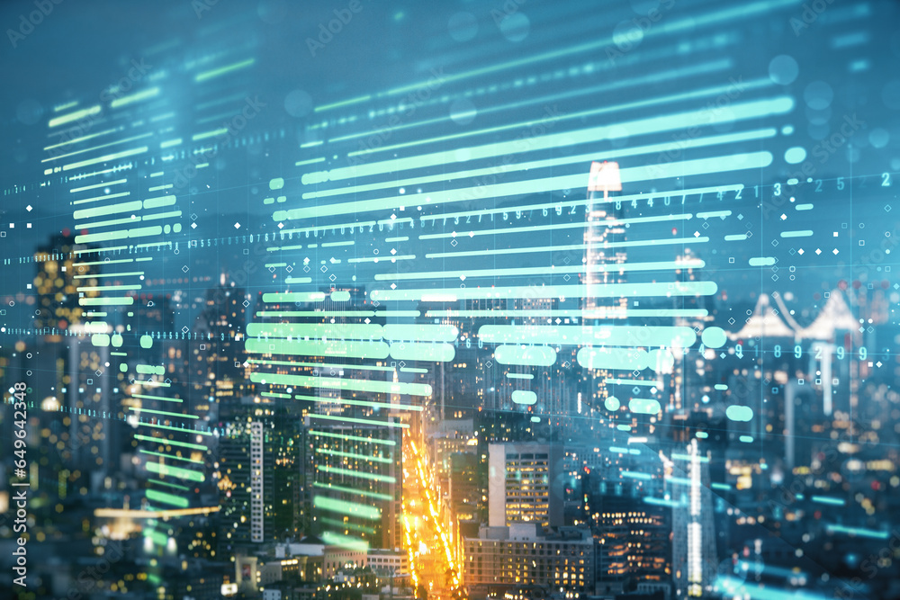 Poster Multi exposure of abstract graphic world map hologram on San Francisco office buildings background, connection and communication concept