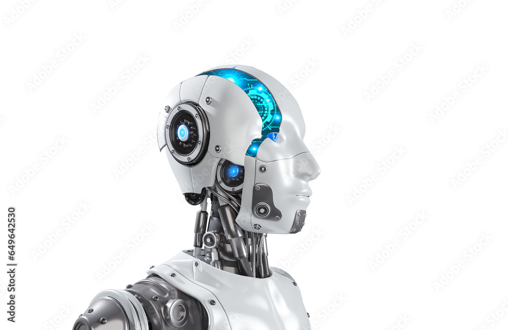 Poster Part of one separated robot head 3D rendering with digital graphic brain engine inside isolated on transparent background, png file