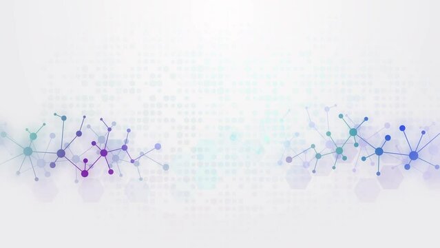 Abstract futuristic white background with colored molecular mesh. Looped motion graphics with hexagons. Copy space.