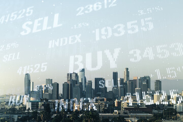 Abstract virtual financial graph hologram on Los Angeles cityscape background, financial and trading concept. Multiexposure