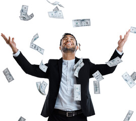 Happy businessman, money rain and celebration for winning or lottery isolated on a transparent PNG...