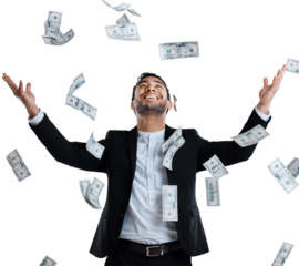Happy businessman, money rain and celebration for winning or lottery isolated on a transparent PNG background. Rich man smile in cash flow and paper bills falling for financial freedom or investment