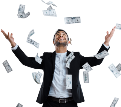 Happy businessman, money rain and celebration for winning or lottery isolated on a transparent PNG background. Rich man smile in cash flow and paper bills falling for financial freedom or investment