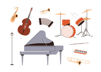 Grand piano, drum kit, trumpet, double bass, flute, jazz saxophone, trombone, squeezebox, microphone. Music instruments of different kind set. Flat vector illustrations isolated on white background