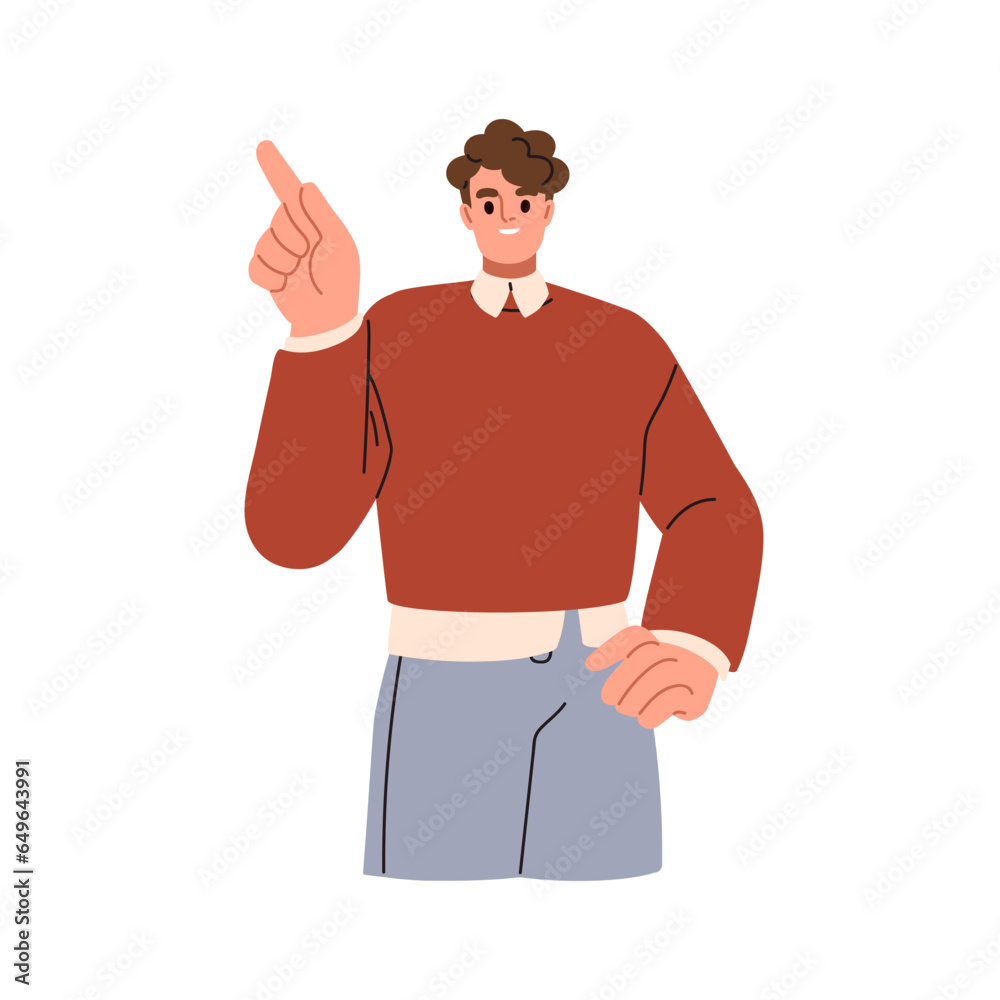 Poster business man pointing up and aside. happy businessman showing something with hand gesture, finger. e