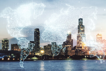 Multi exposure of abstract creative digital world map hologram on Chicago city skyline background, tourism and traveling concept